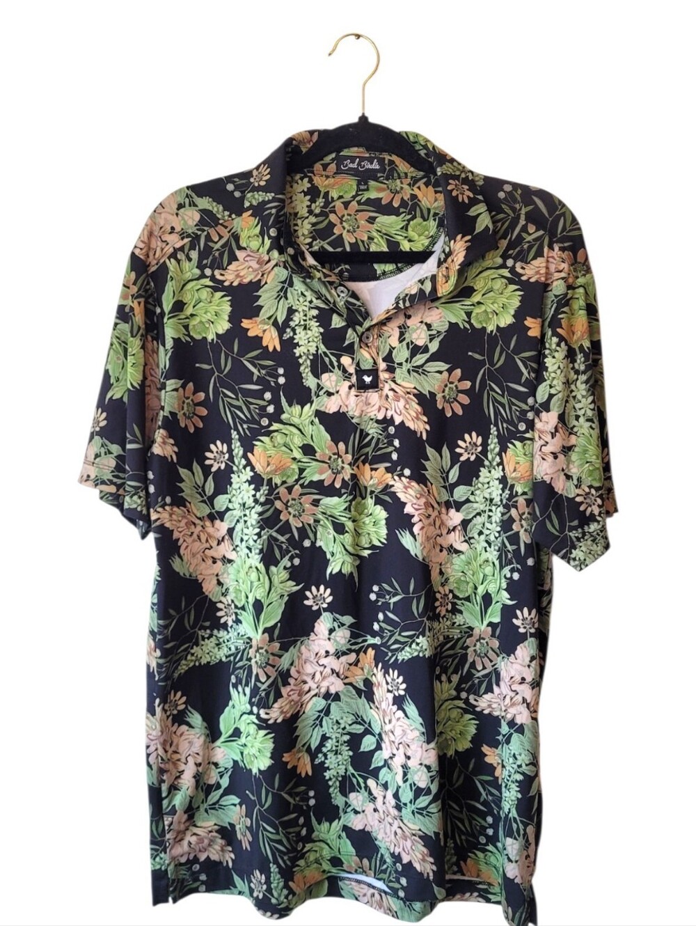 Bad Birdie Men's Black & Green Floral Polo Shirt Size L